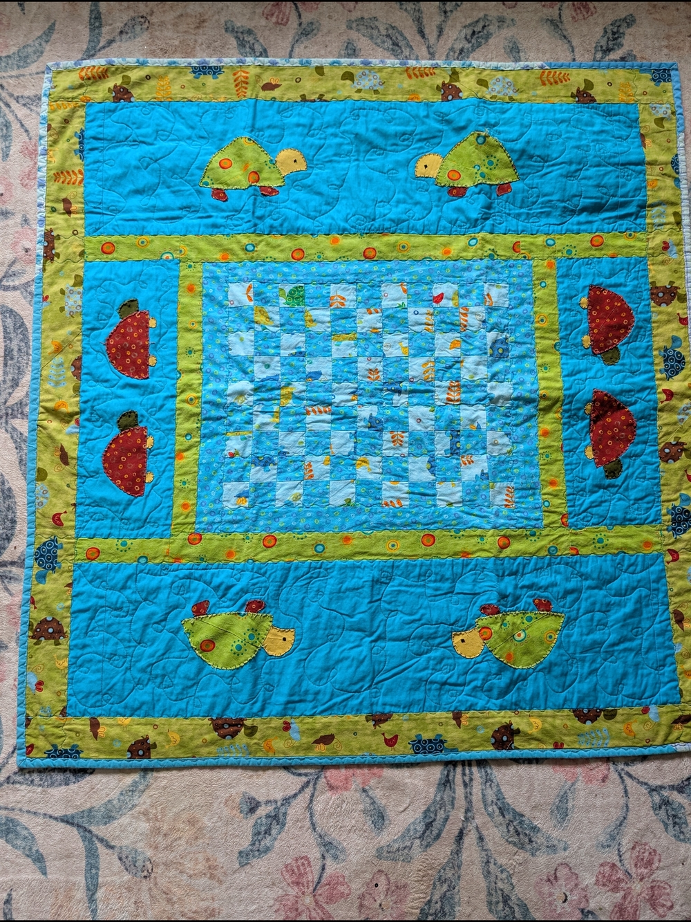Handmade Turtle‎ Patchwork Baby Quilt in Turquoise & Green